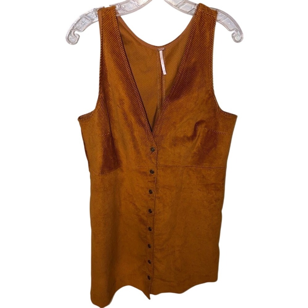 Free People Corduroy Mini Dress Rust Brown Button Front Sleeveless Pinafore 6